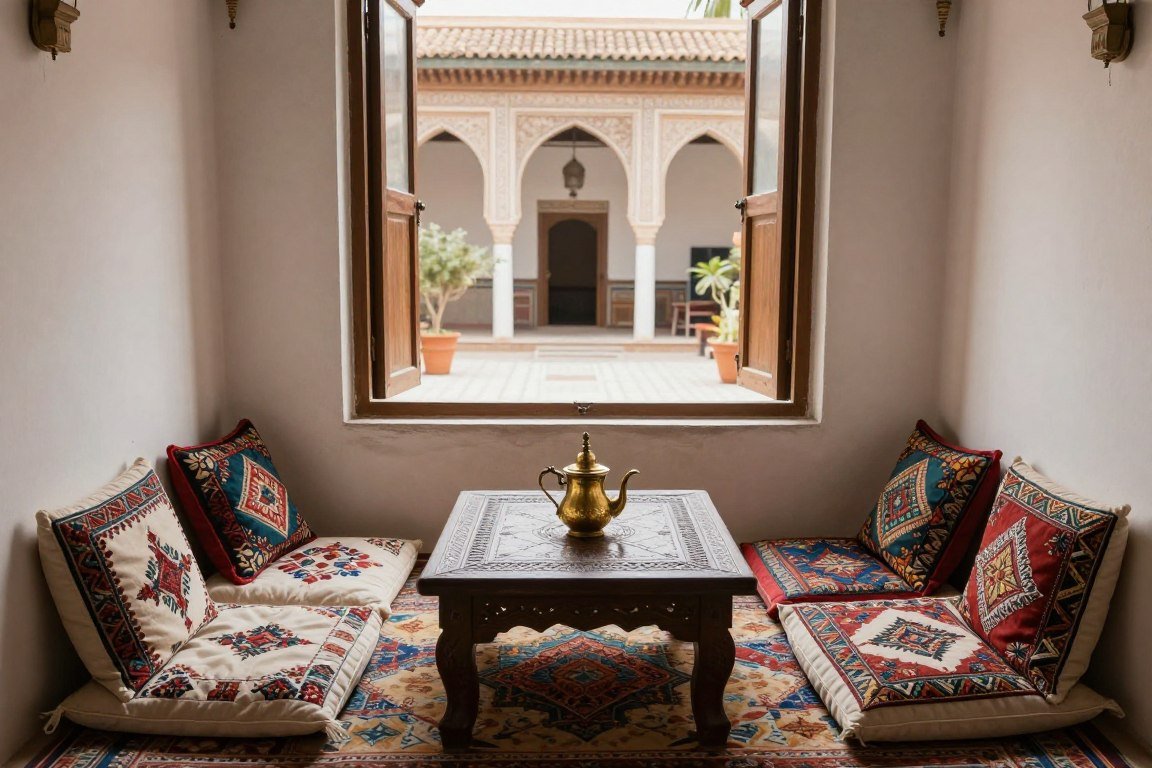 Cozy reading alcove overlooking an interior Moroccan courtyard
