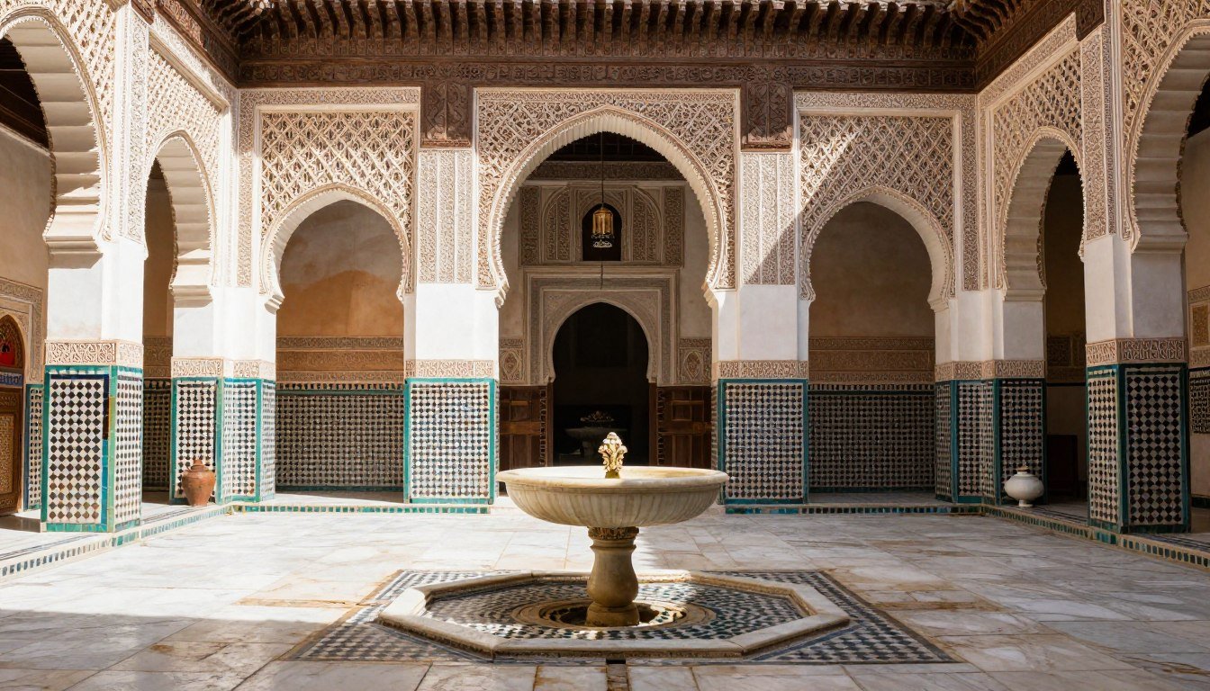 Historic medina courtyard in Fes with intricate tilework and carved plaster