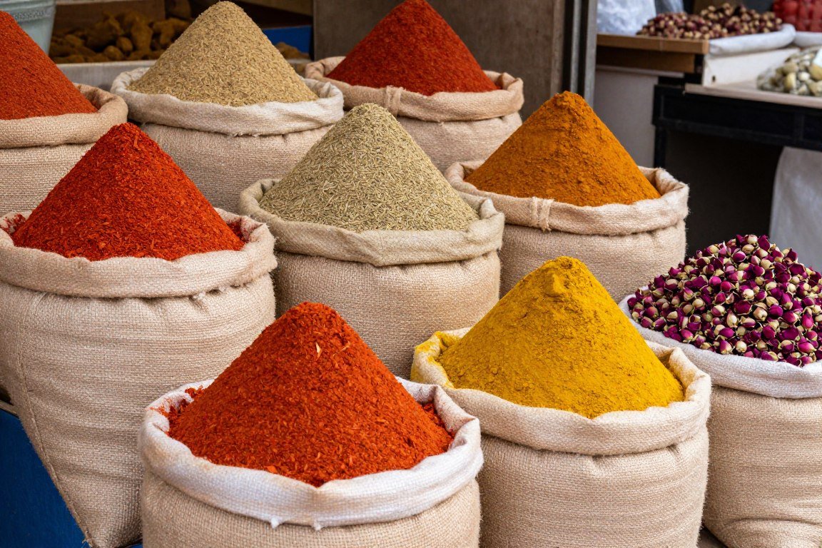 Rows of colorful spices displayed in jute sacks in a market stall