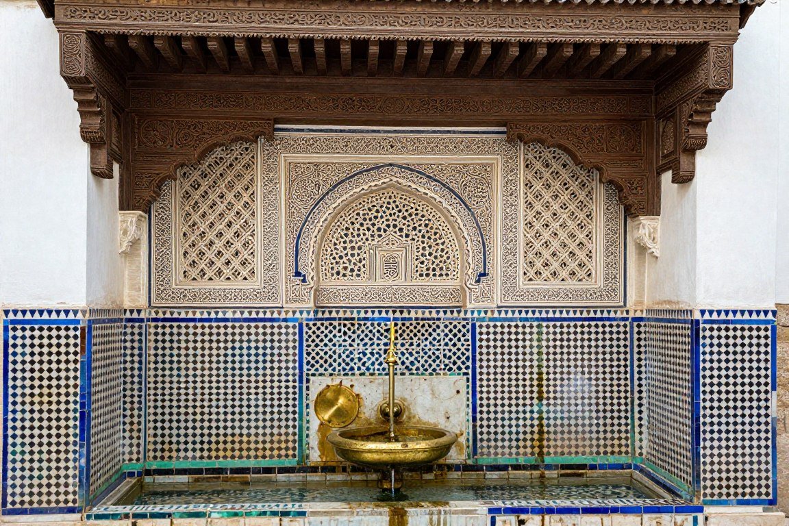 Historic fountain adorned with colorful zellij tilework in Fes