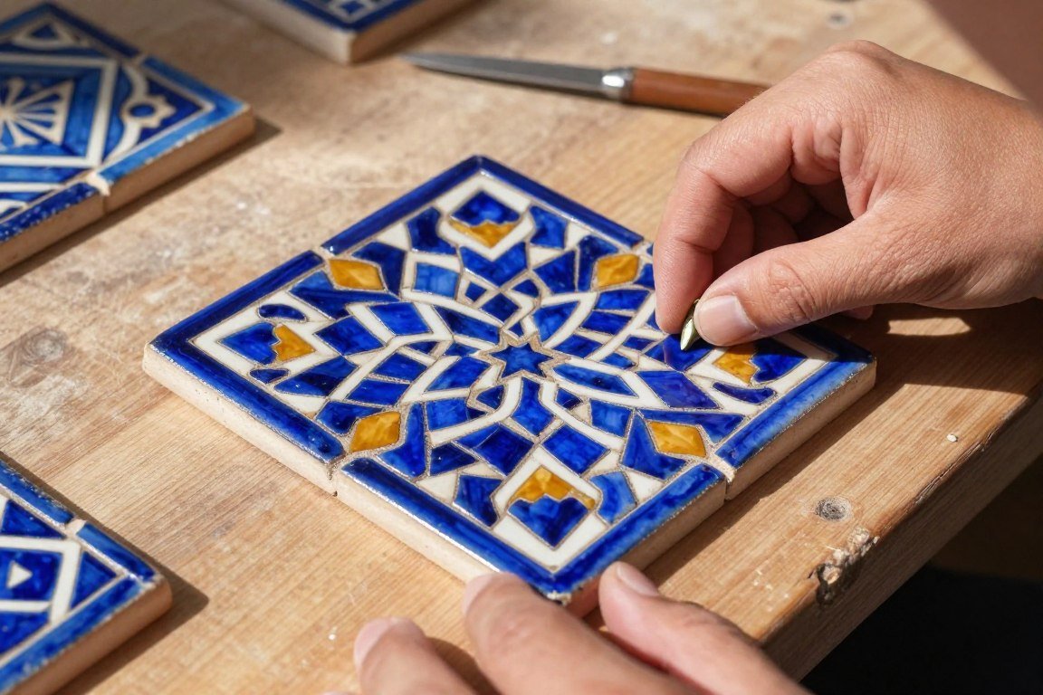 Traditional ceramic zellij tiles being assembled by hand