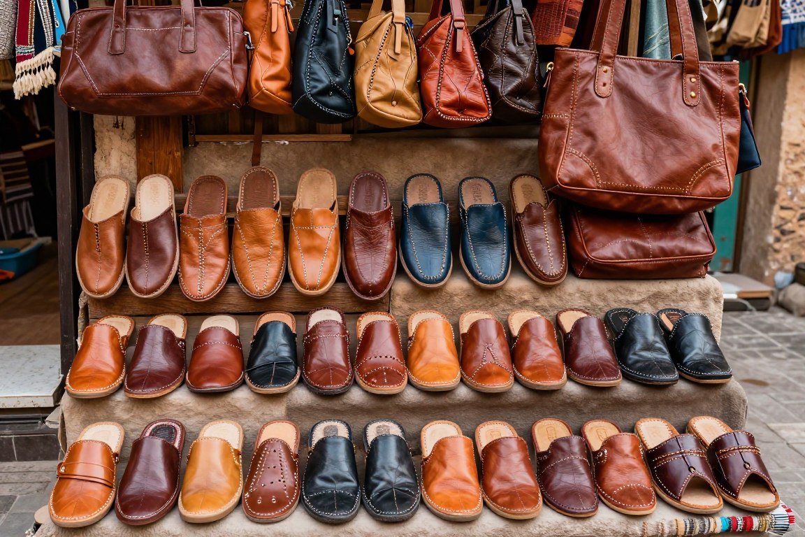 Detailed view of handcrafted Moroccan leather goods on display