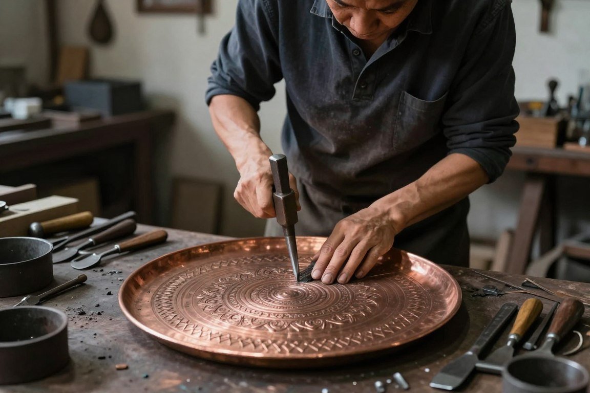 Artisan handcrafting copper vessels in an outdoor workshop