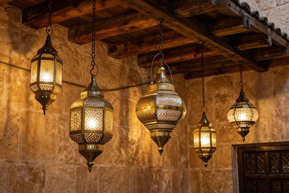 Artisan workshop in Fes showcasing handcrafted brass lanterns
