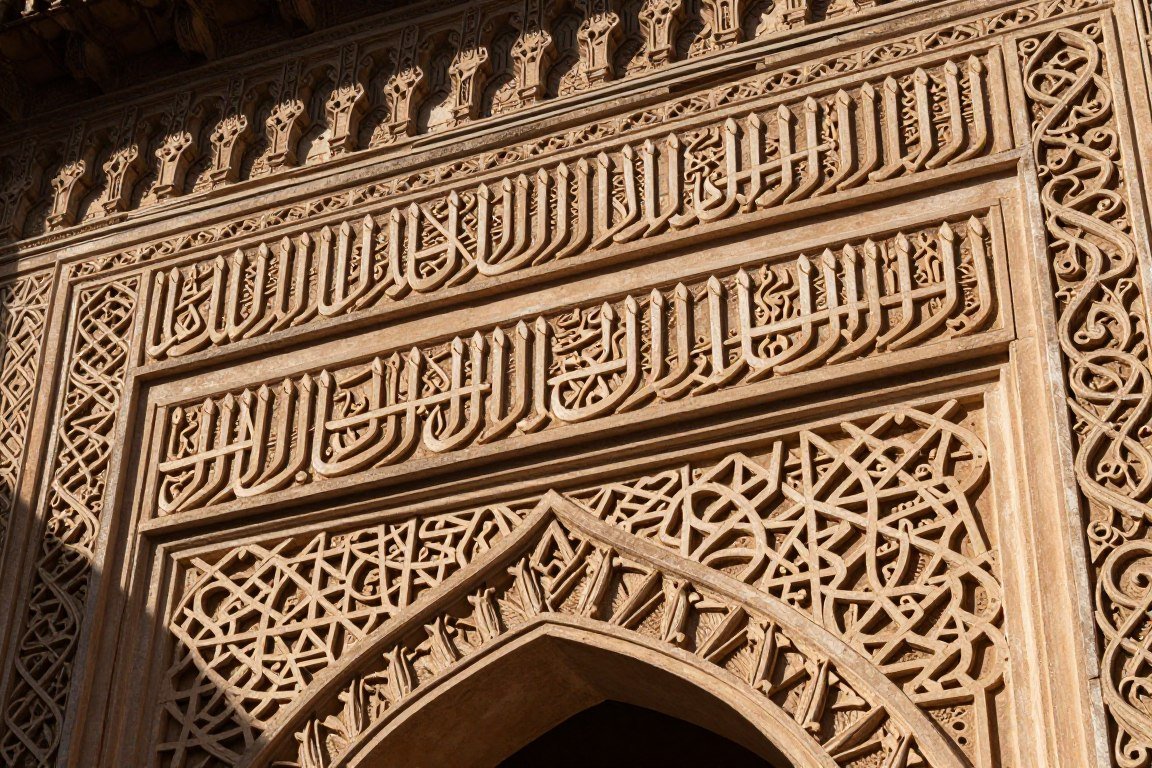 Intricate carved plaster calligraphic details on a traditional wall