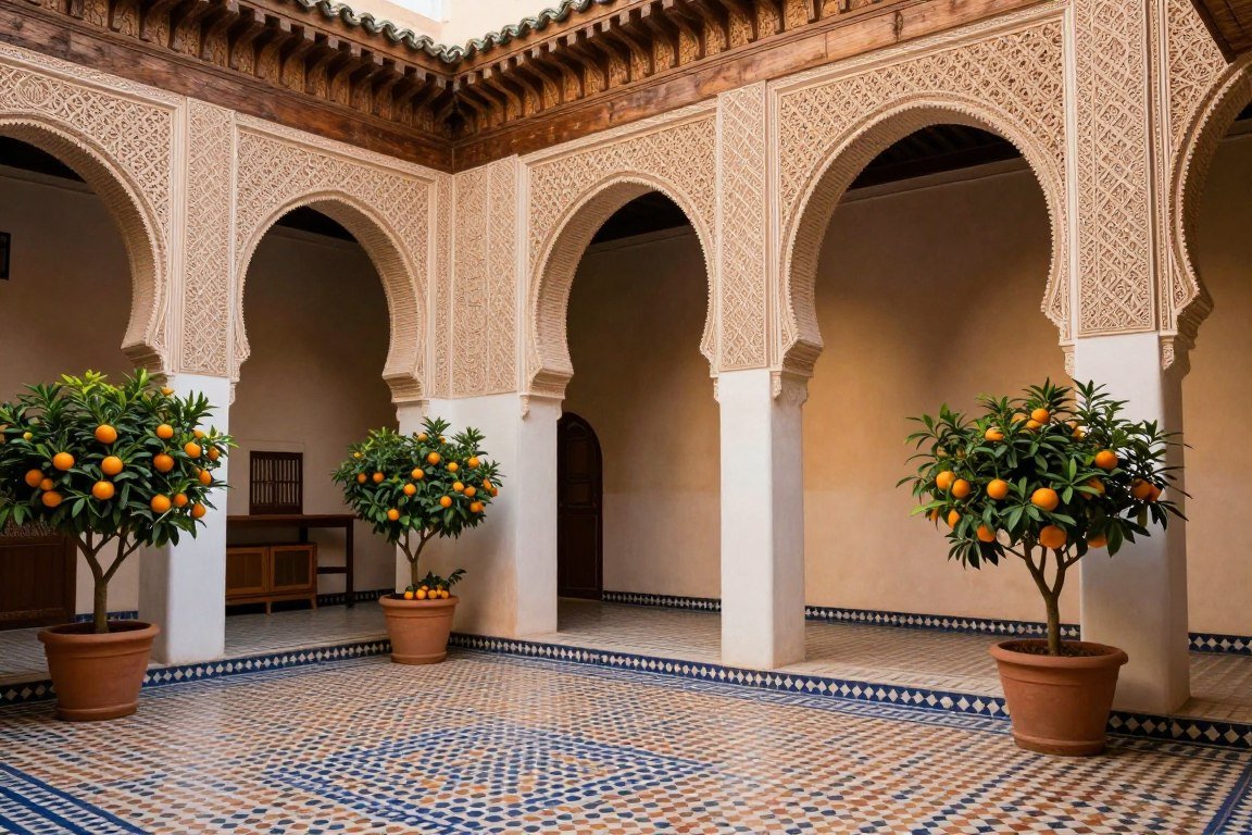Sunlit riad colonnade with traditional Moroccan arches