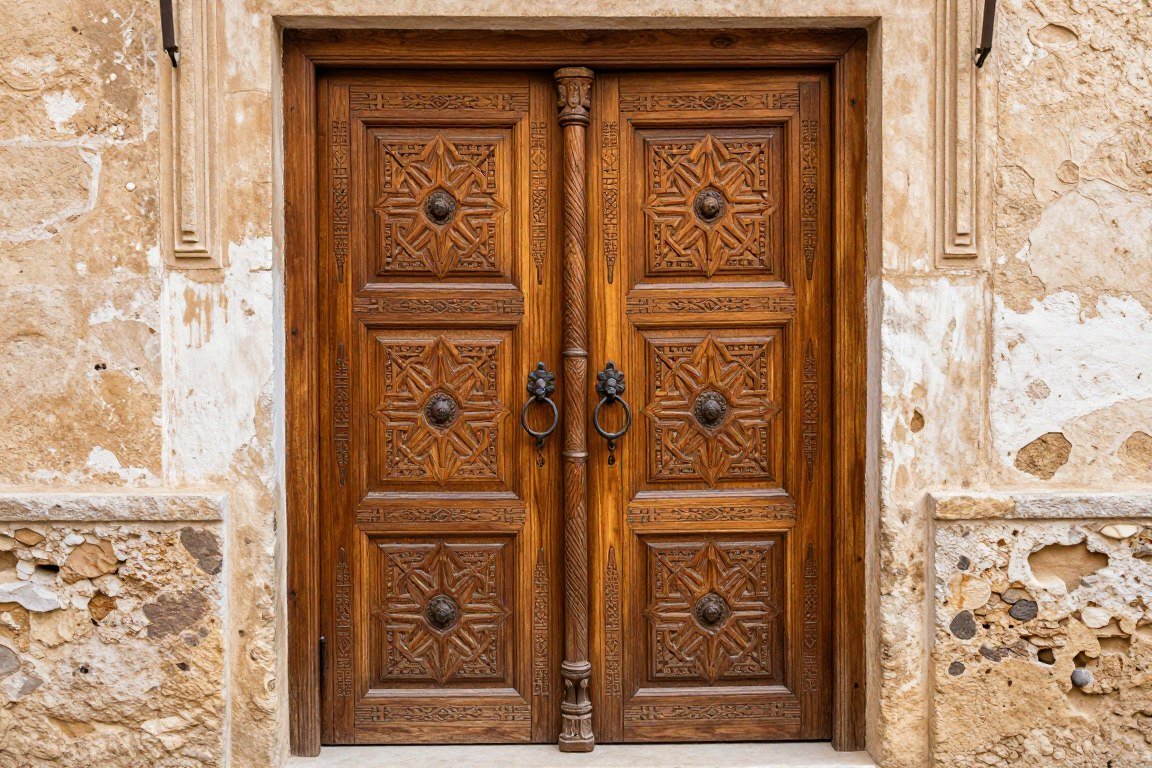Carved cedar wooden doorway in a traditional Moroccan structure
