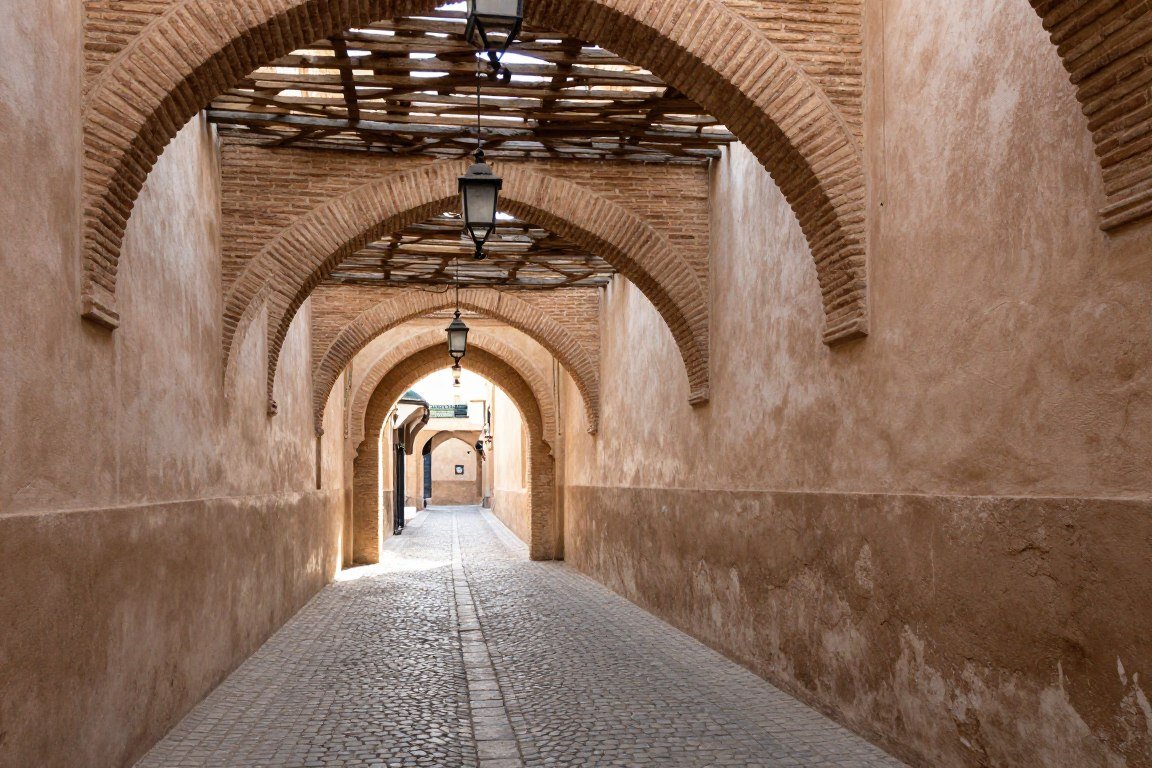 Cobblestone alleyway with arched buttresses in the historic Medina of Fes